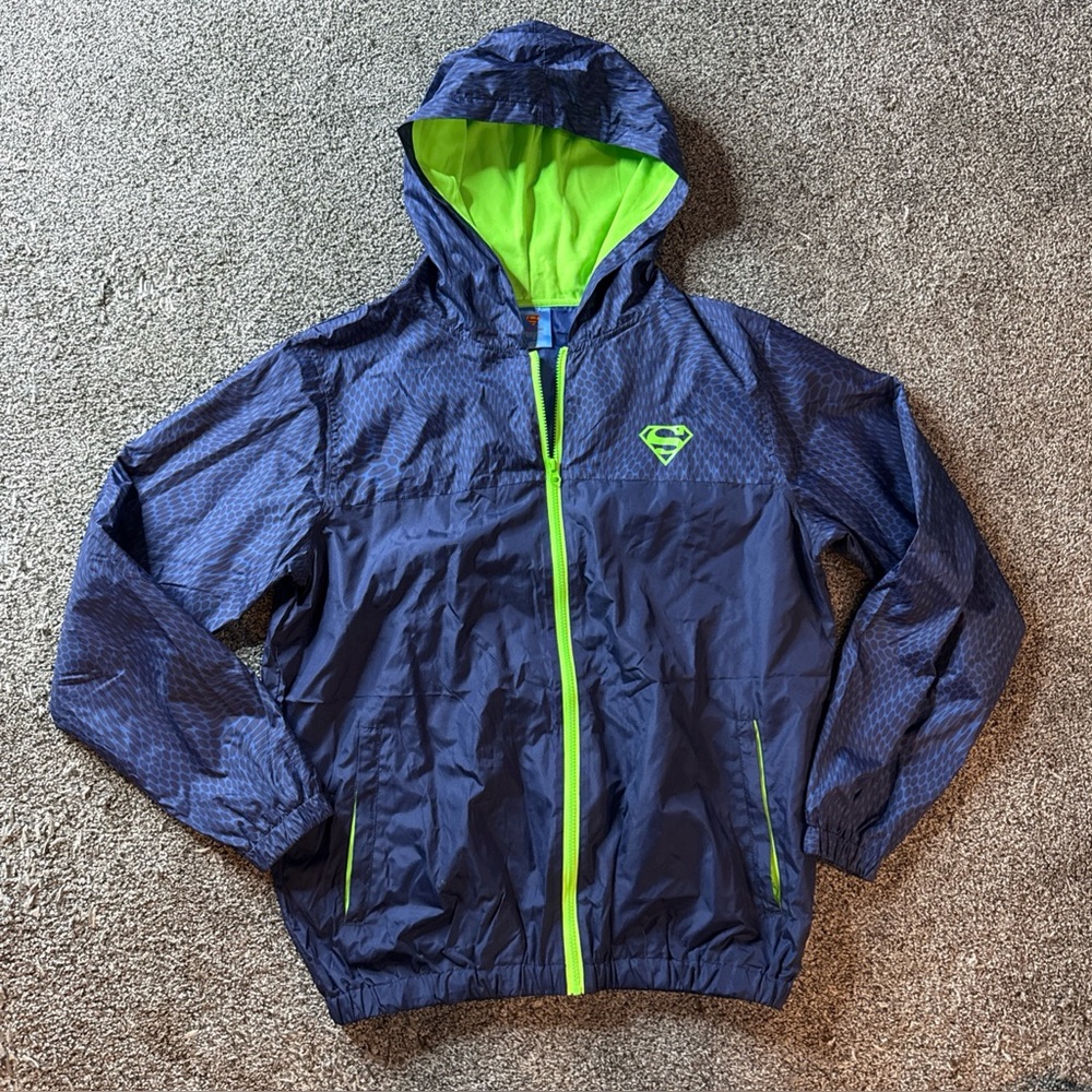 Superman DC Hooded Windbreaker Rain Jacket Navy Neon Green Men’s Size Large (L)